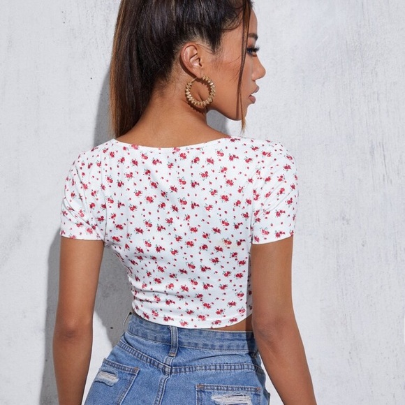 Shein Floral Ruched Front Drawstring Top - Picture 2 of 4